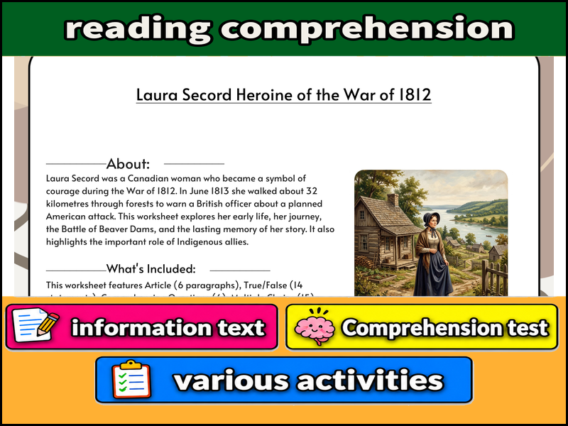 Laura Secord Heroine of the War of 1812  & Comprehension Test