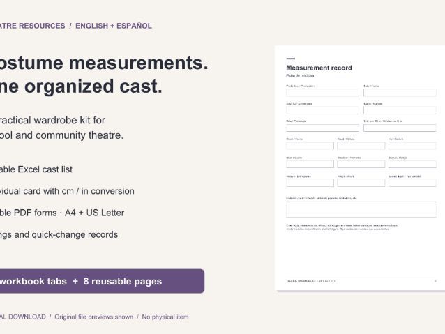 Theatre Costume Measurements & Wardrobe Kit | English-Spanish Excel + PDF