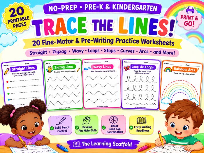 Trace the Lines! 20 Fine-Motor & Pre-Writing Practice Worksheets | Pre-K & Kindergarten