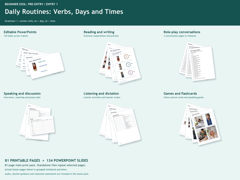 Daily Routines; Basic sentence building using; Pronoun I, Action Verbs, On, Days, At, Clock, Time,