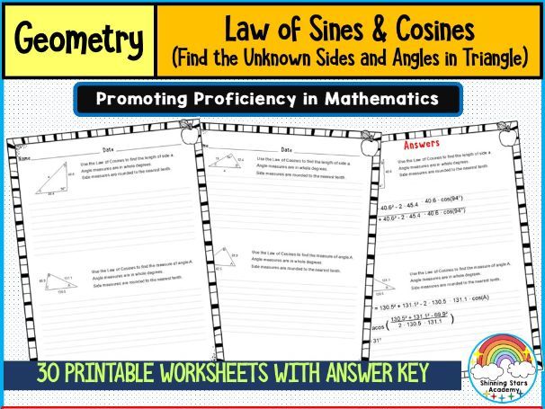 Law of Sines & Cosines (Find the Unknown Sides and Angles in Triangles) Worksheets | Trigonometry Pr