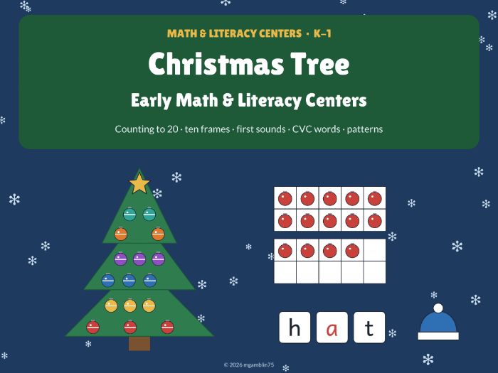 Christmas Tree Math & Literacy Centers | Counting to 20, Ten Frames, CVC Words | Kindergarten