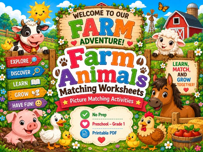 Farm Animals Matching Worksheets | Picture, Numbers, Letters, Shapes & Colors | Preschool–Grade 1