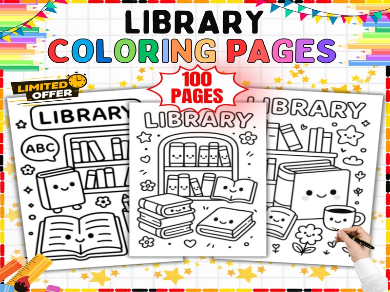 Library Coloring Pages | 100 Printable Sheets | Reading Corner Decor