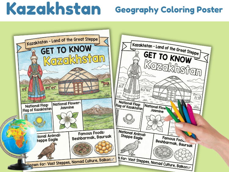 Kazakhstan Geography Coloring Poster | Country Facts Worksheet