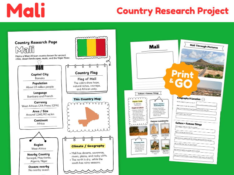 Mali Country Research Project | Geography & Culture Worksheet