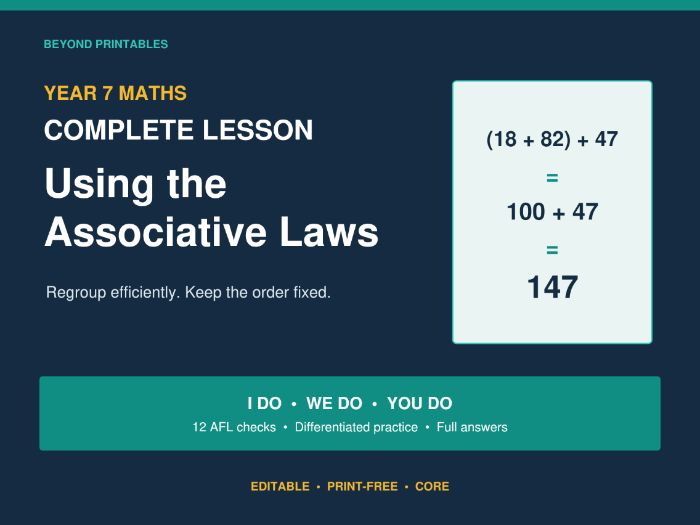 Using the Associative Laws | Year 7 Core Maths | Complete I Do–We Do–You Do Lesson