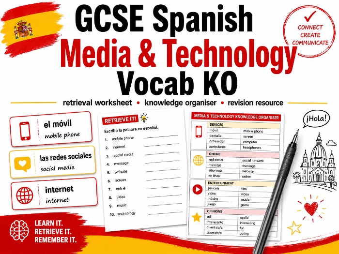 AQA GCSE Spanish Media and Technology Vocabulary Knowledge Organiser / Retrieval Resource