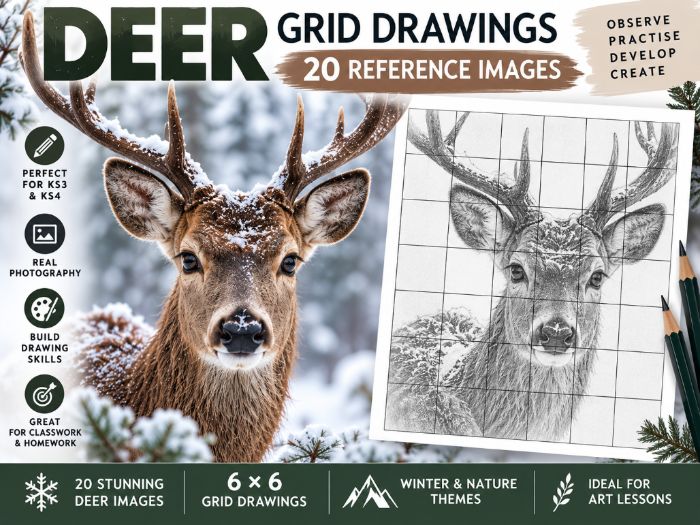 Deer Grid Drawing Worksheets | 20 Wildlife Art Activities | 6x6 Grid Drawing | KS3 KS4
