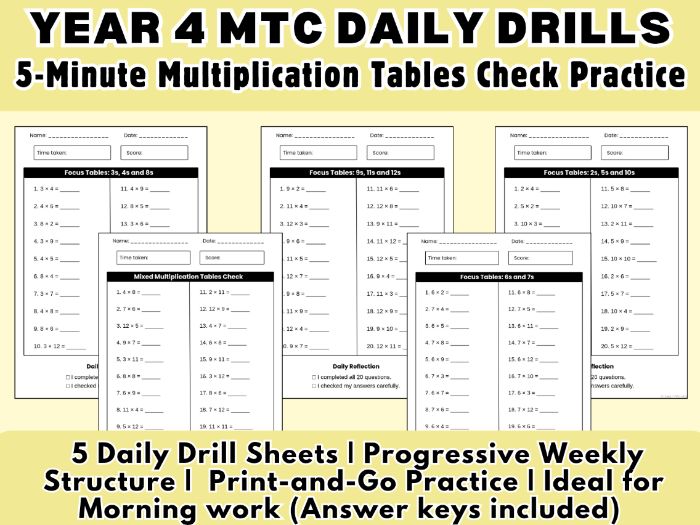 Year 4 Times Tables MTC Practice Drills - 1 Week Daily Fluency - Answer keys included