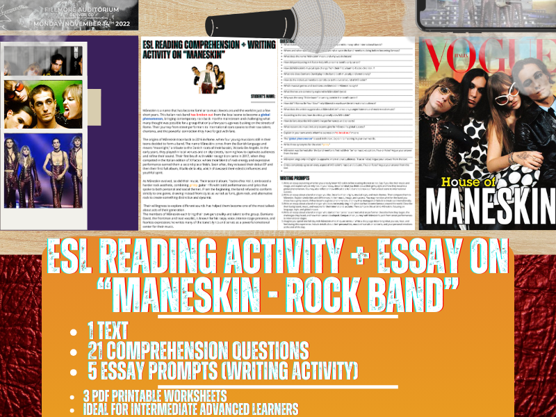 ESL Reading Comprehension + Writing Activity - Måneskin - Italian Rock Band