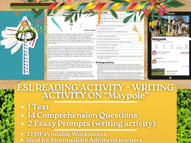 ESL Reading Comprehension + Writing Activity Worksheets on "Maypole"
