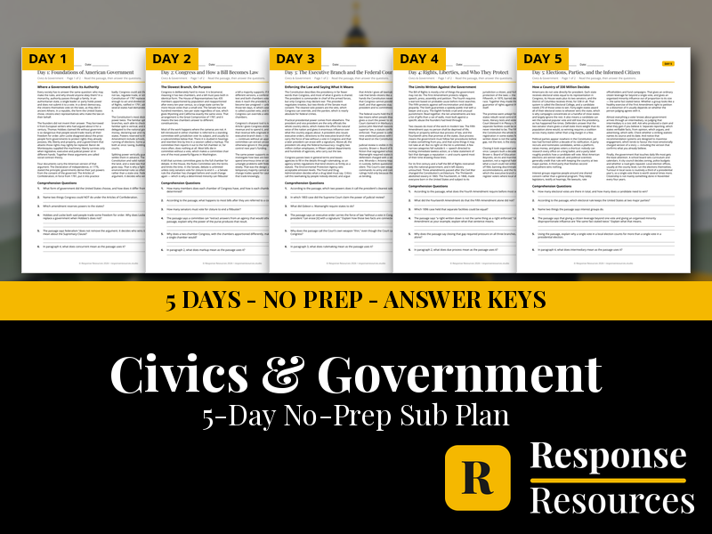 Civics and Government Emergency Sub Plans - 5 Days No Prep Print and Go