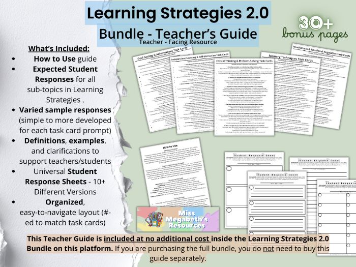 Learning Strategies 2.0 Task Cards Teacher’s Guide with Expected Student Responses