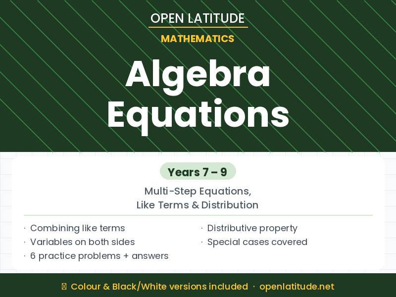 Algebra Equations Study Guide | Multi-Step Equations, Distributive Property & Like Terms | Years 7-9