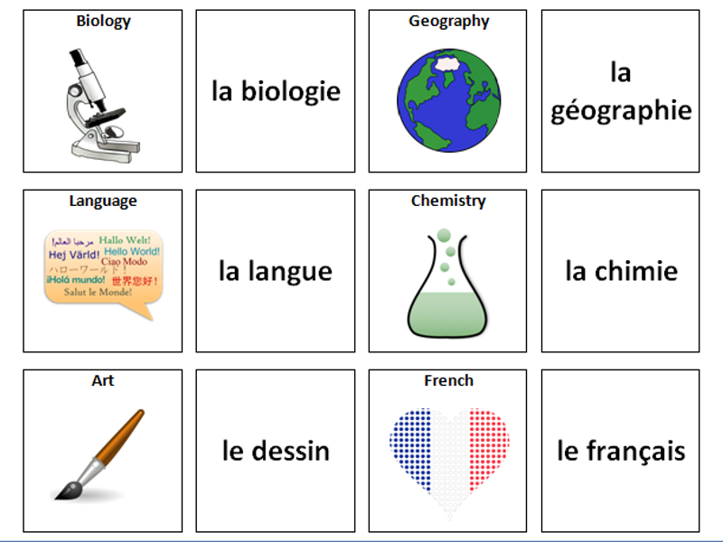 School Subjects: French Vocabulary Card Sort