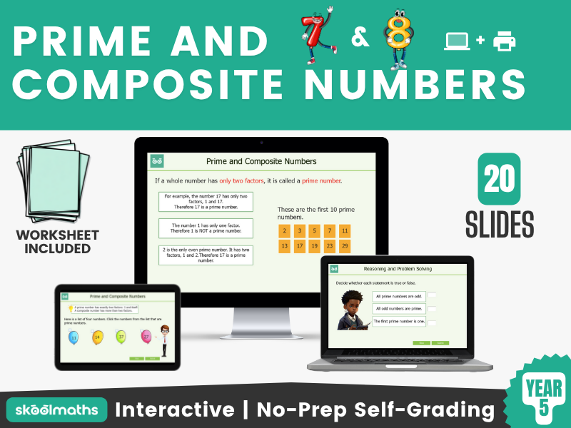 Prime and Composite Numbers Year 5 Interactive Maths Lesson and Self-Marking Activities