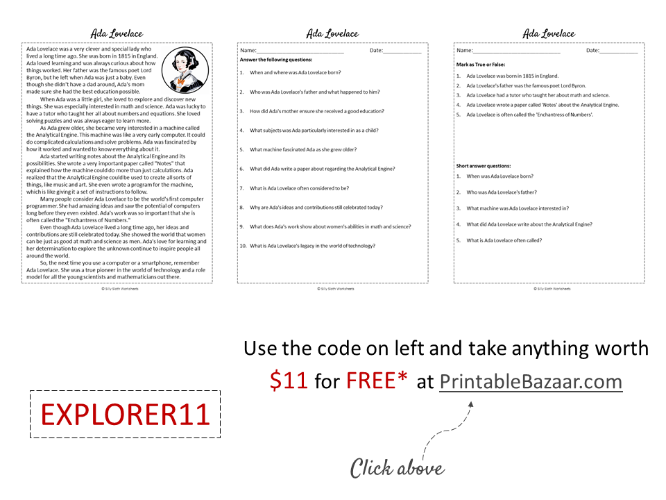 Ada Lovelace Biography Reading Comprehension Passage Printable ...