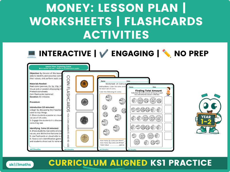 Year 1 Money Complete Lesson Plan with Worksheets, Flashcards and Activities