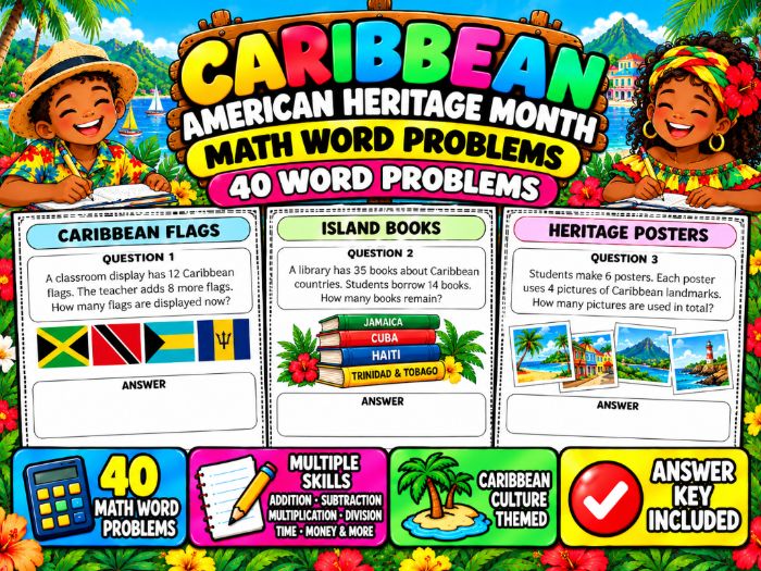 Caribbean American Heritage Month Math Word Problems | 40 Problems & Answer Key