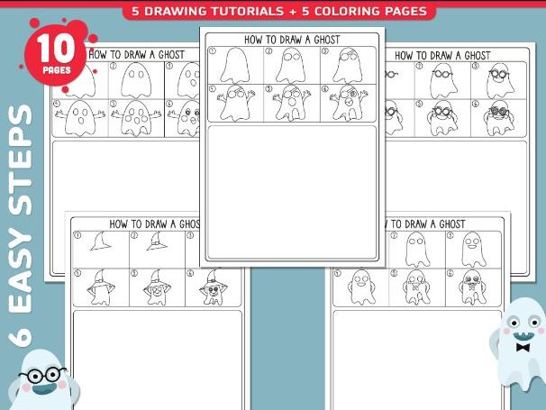 How to Draw a Ghost, Halloween Directed Drawing, Step-by-Step Art Activity, 5 Coloring Pages