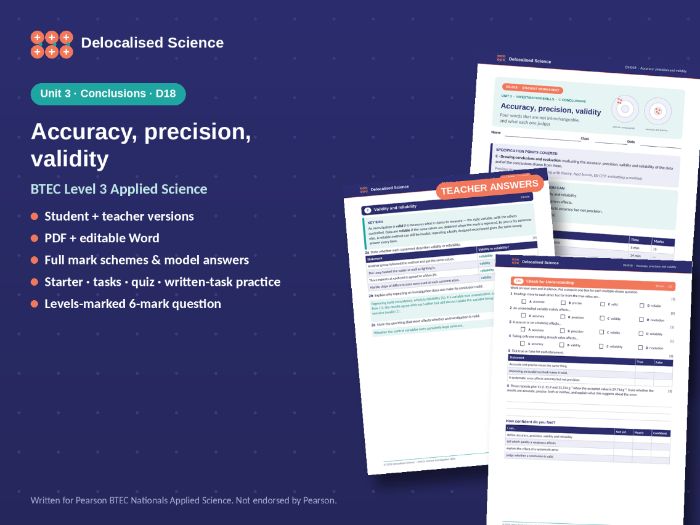BTEC Applied Science Unit 3: Accuracy, precision, validity (D18) - FREE worksheet + answers
