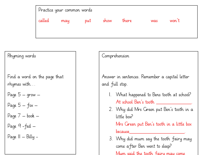 PM reading worksheets for 'Bens Tooth' (PM Green)