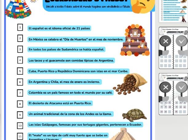 Hispanic Heritage Day Worksheet: True or False? (with answers)