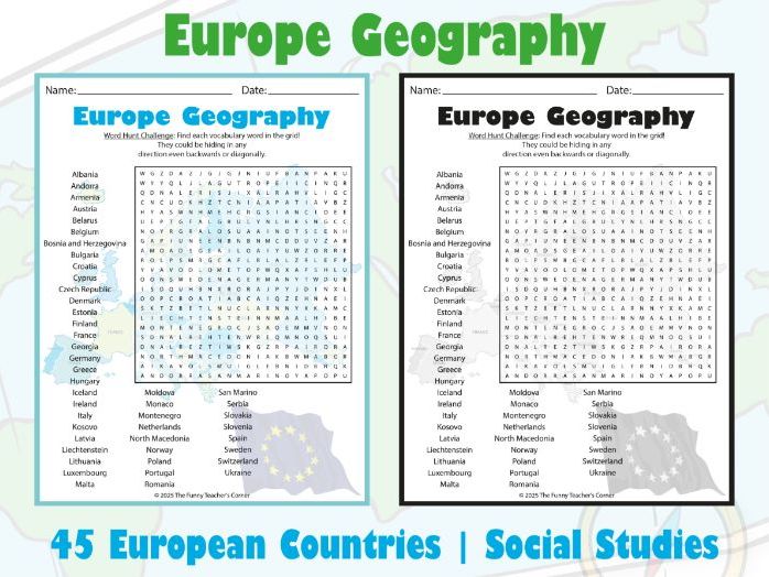Europe Geography Word Search Puzzle | 45 European Countries | Social Studies