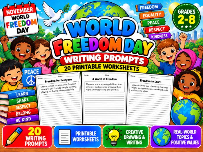 World Freedom Day Writing Prompts | 20 Printable Worksheets