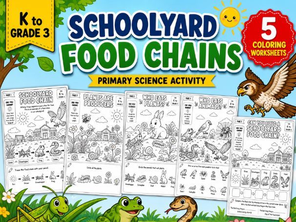 Schoolyard Food Chains | 5 Coloring Worksheets | K–Grade 3 Science Activity