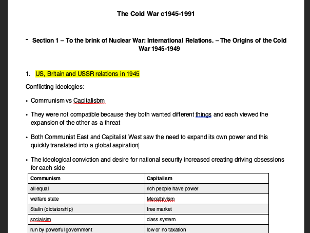 Cold War Summary notes 1945-1991 - AQA A Level History section 1