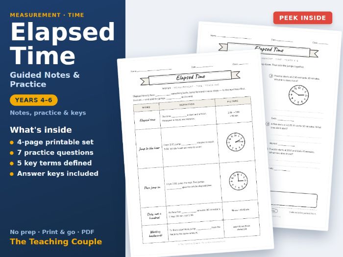 Elapsed Time Guided Notes & Practice + Answer Keys | Years 4-6