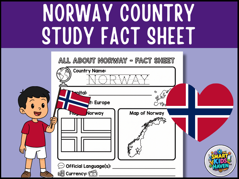 Norway Map and Flag Country Study Research Project Geography Worksheet Activity.