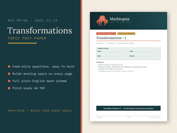 KS3 Transformations Test Paper with Mark Scheme (49 marks, ages 11-14)