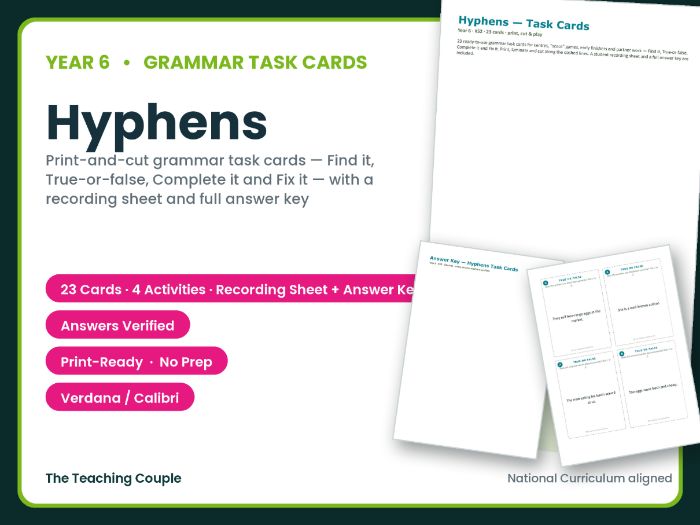 Year 6 Hyphens Task Cards – 23 Grammar Cards + Answer Key