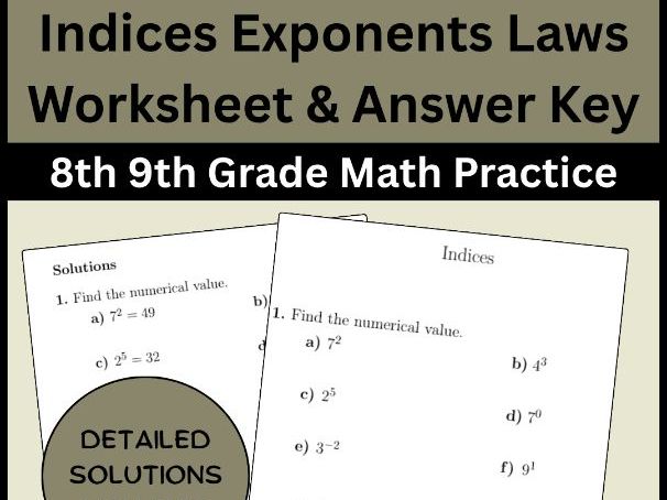 Indices Exponents Laws Worksheet & Answer Key | 8th 9th Grade Math Practice