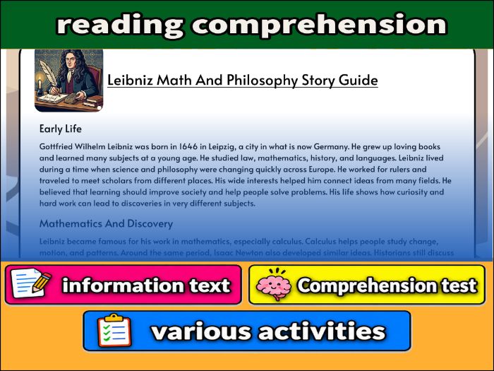 Leibniz Math And Philosophy Story Guide- Reading Comprehension, Worksheet & Activities