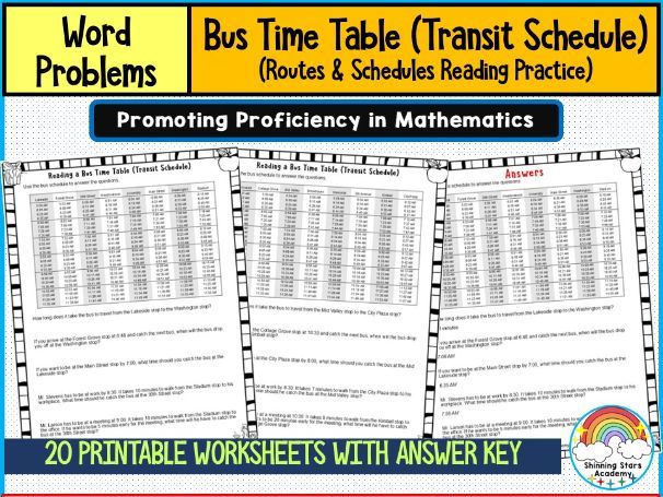 Bus Time Table (Transit Schedule) Reading Routes and Schedules Practice | Word Problems Worksheets