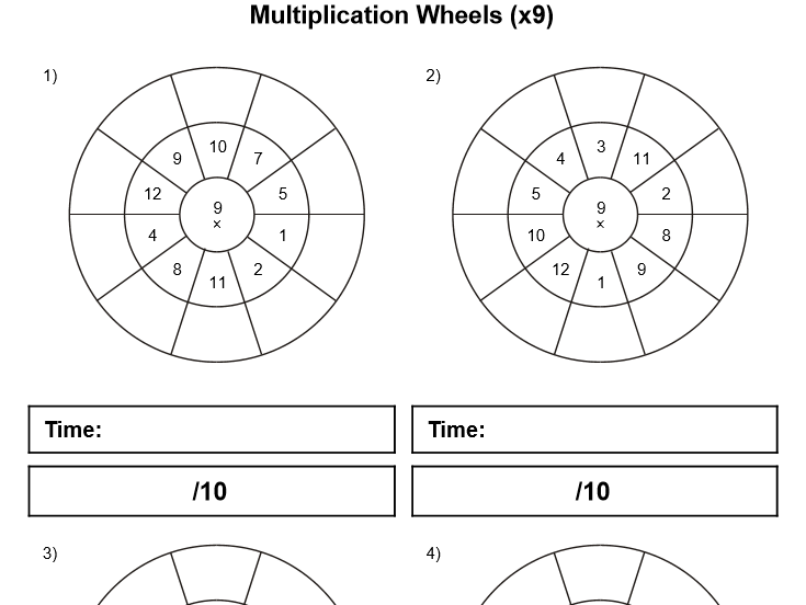 7, 8, 9 and 12 Multiplication wheels (worksheets for timed practice)