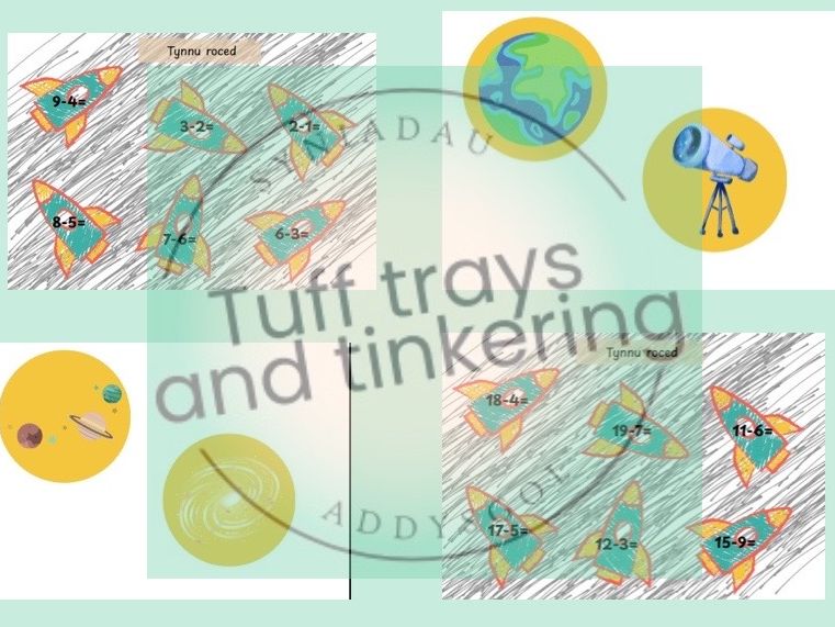 tynnu roced subtraction rockets Curriculum for Wales Early Years PS1 addysg Cymraeg