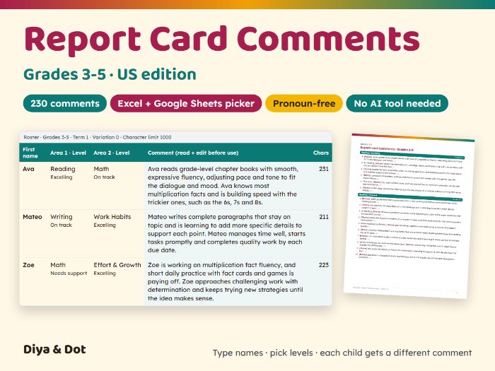 Report Card Comments 3-5 (US) + Picker