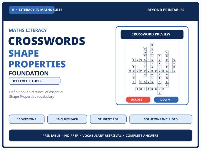 Foundation Shape Properties Maths Crosswords | 10 Vocabulary Puzzles with Solutions