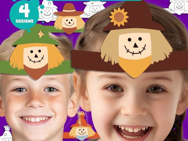 Scarecrow Headband Craft, Printable Hat & Paper Crown, Pre-Colored and Black & White