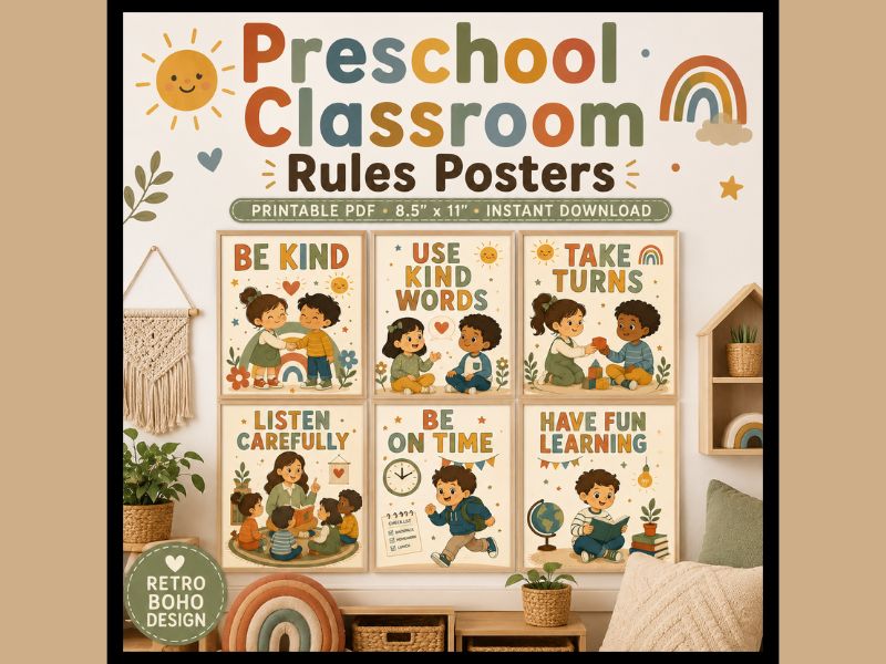 Preschool Classroom Rules - 20 Retro Boho Posters, 8.5" x 11"