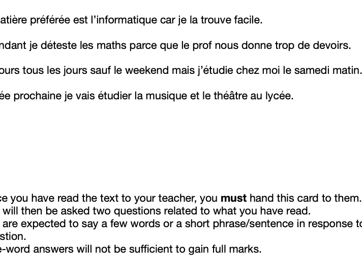 Reading Aloud tasks for Edexcel GCSE French Higher