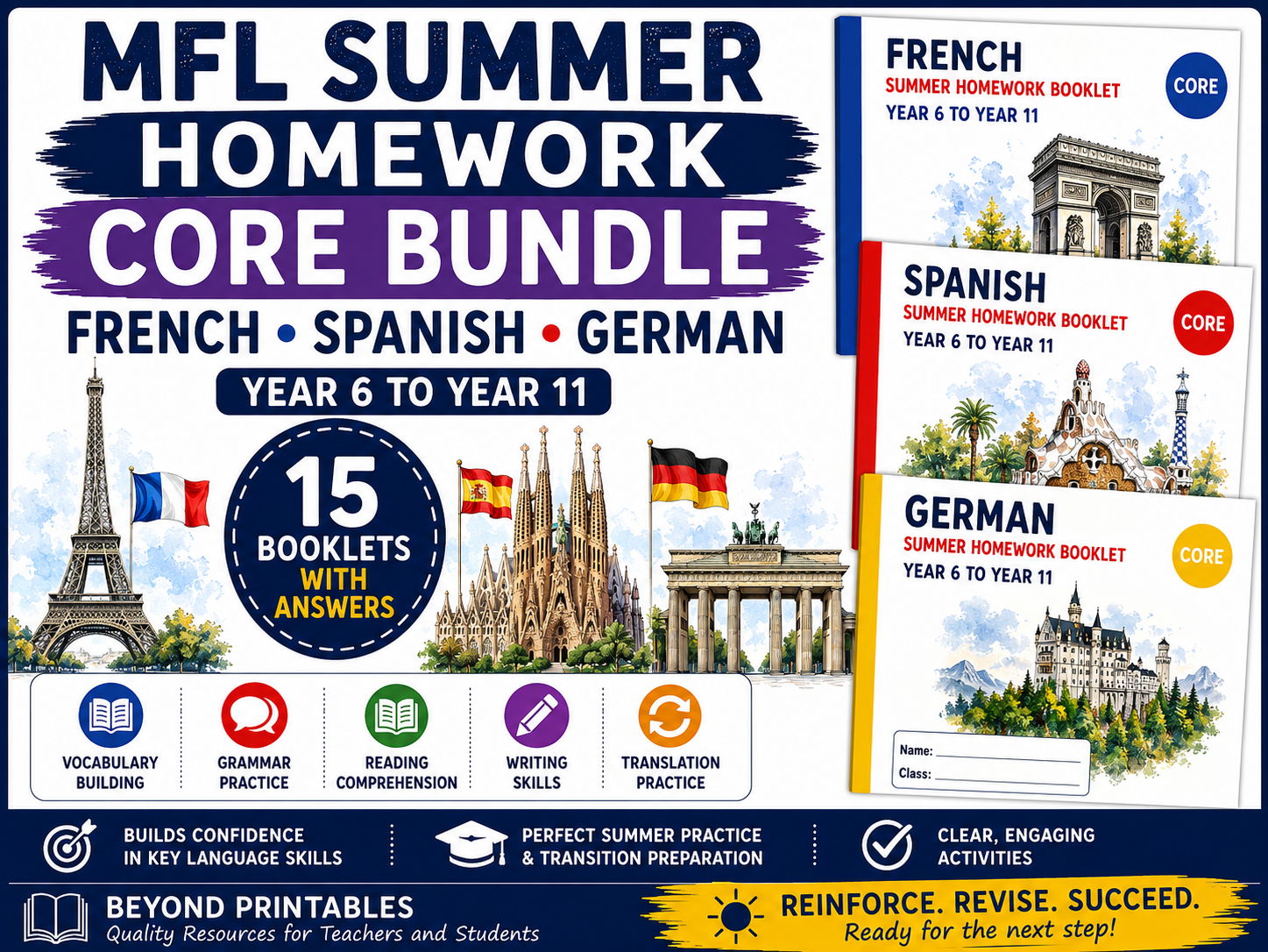 MFL Summer Homework Core Bundle | French, Spanish & German | Year 6 to Year 11 | 15 Booklets with Answers