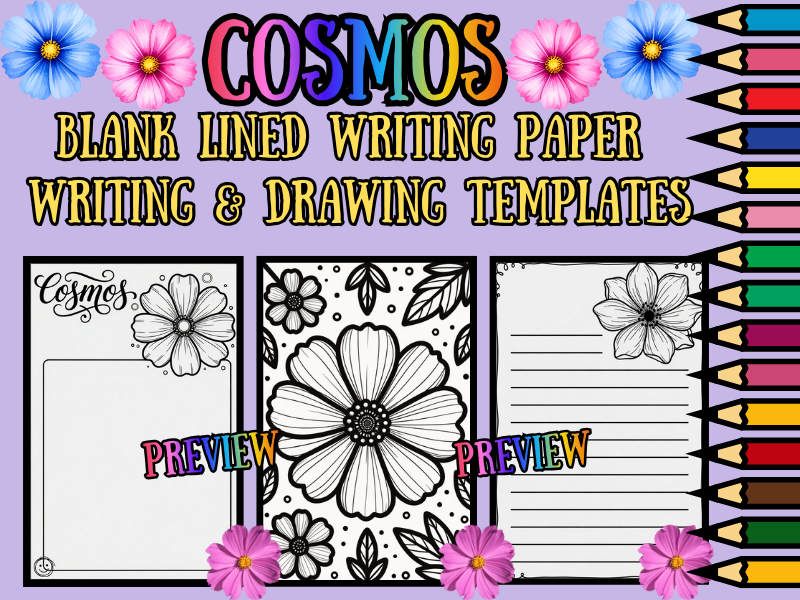 Cosmos Flower Coloring Pages & Blank Lined Writing Paper Templates | NO PREP