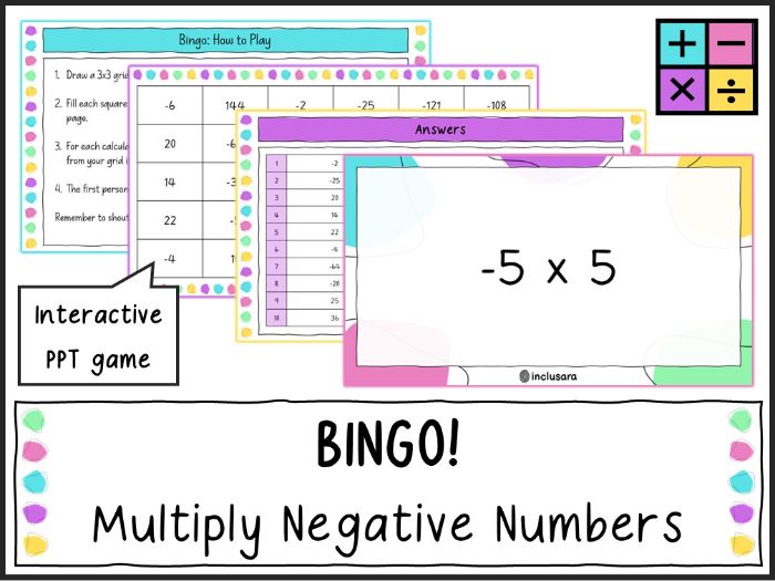 Multiplying Negative Numbers Bingo Game, Multiply Negatives Whole Class Game