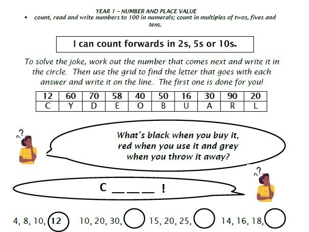 Y1 arithmetic jokes/codes/riddle worksheet set, counting in 2, 5, 10